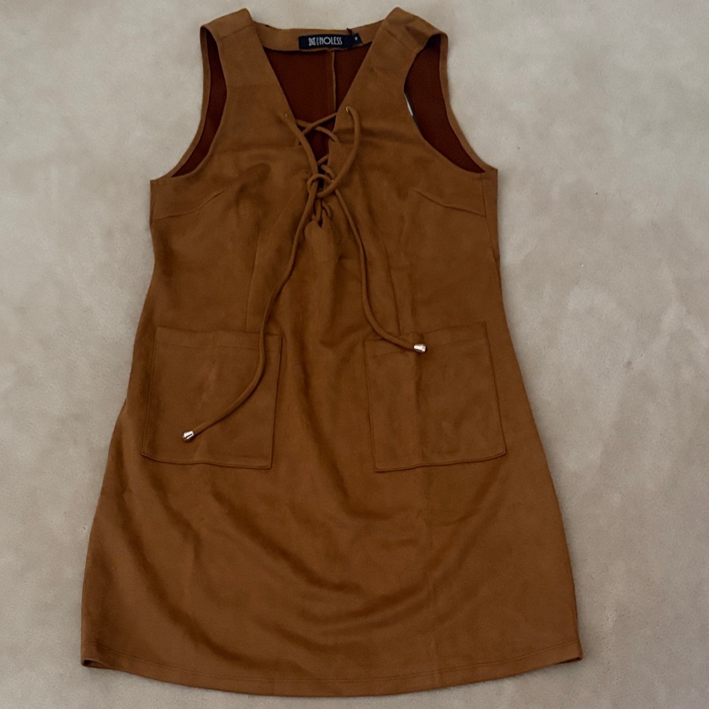 Camel Faux Suede Lace-Up Suede Shift Dress